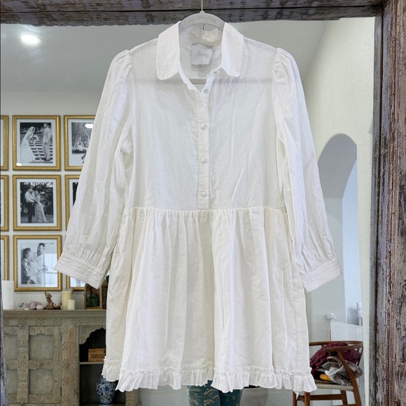 Cousin the Label Dresses & Skirts - Chic White Button-Up Linen Blend Long Sleeve Mini Dress